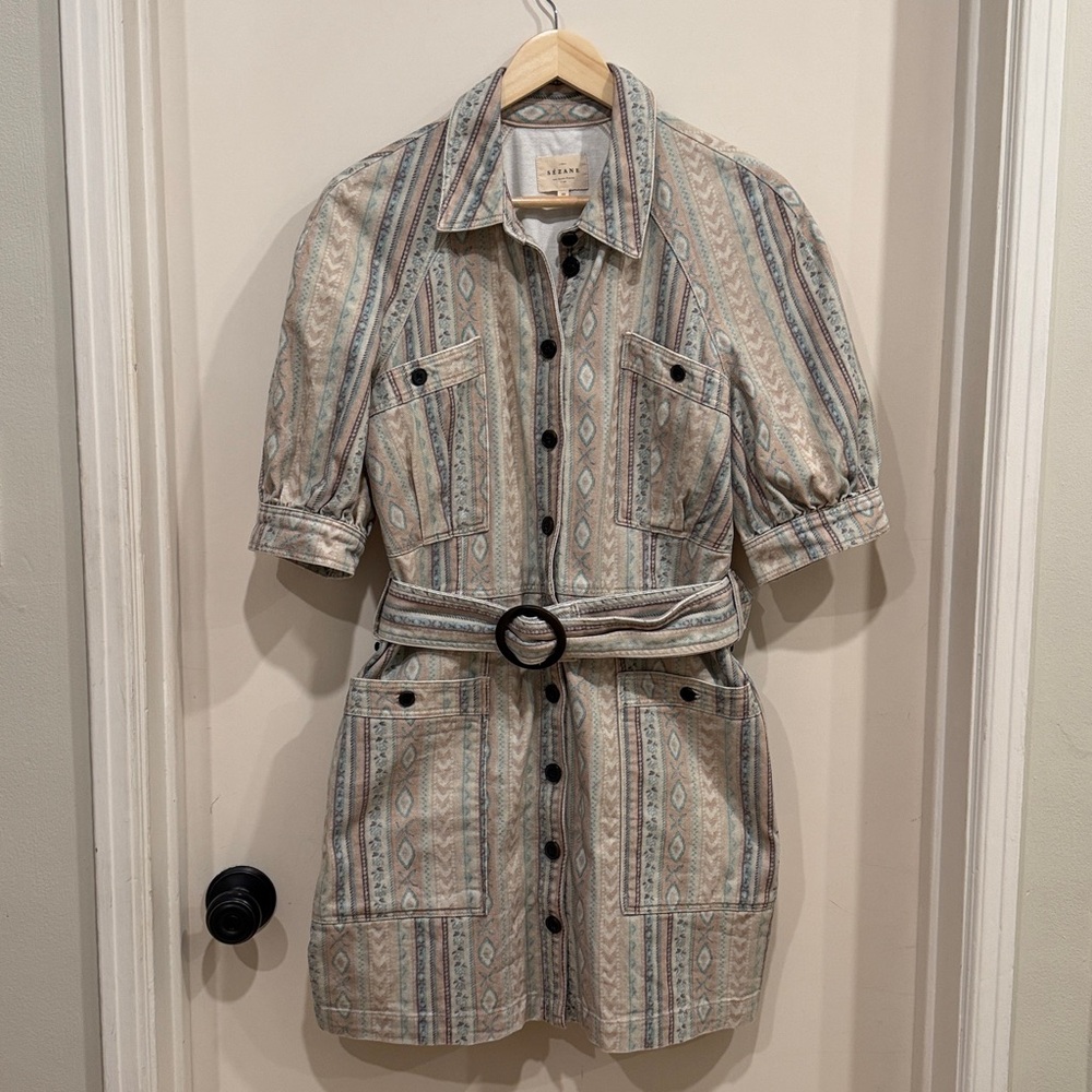 SÉZANE Ren Tribal/Aztec Print Denim Button Down Dress sz US 8 / FR 40 - Picture 5 of 14